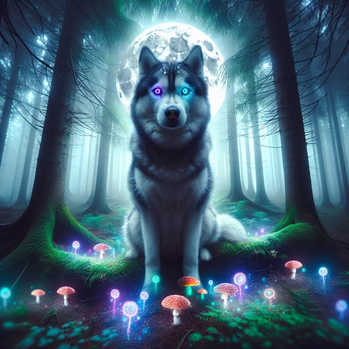 Mystical Husky in Enchanted Forest | Moonlit Magic Scene