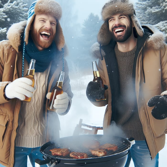 Winter BBQ: Drunk Men Grilling & Drinking Beer in Snow