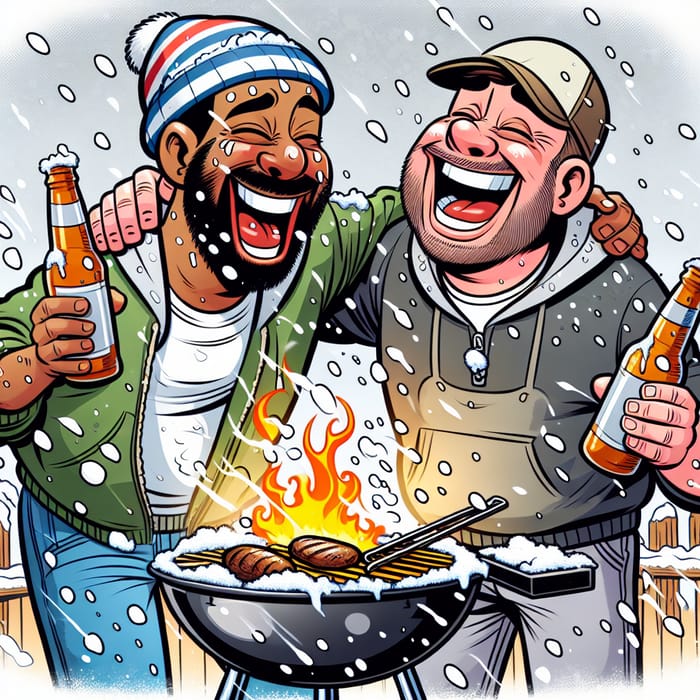 Winter BBQ Cartoon: Drunk Men Grilling with Beers