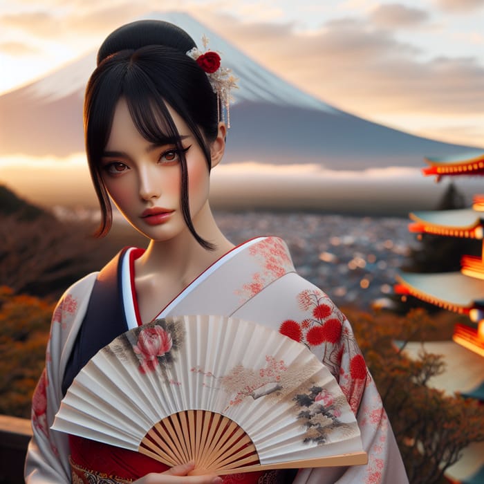 Stunning Beauty in Traditional Kimono Against Mount Fuji