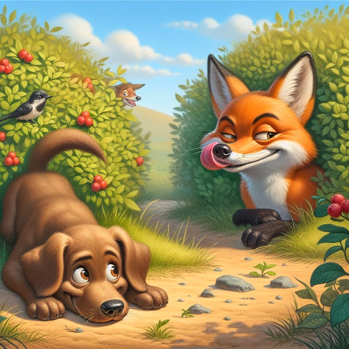 Curious Puppy meets Cunning Fox in Playful Landscape