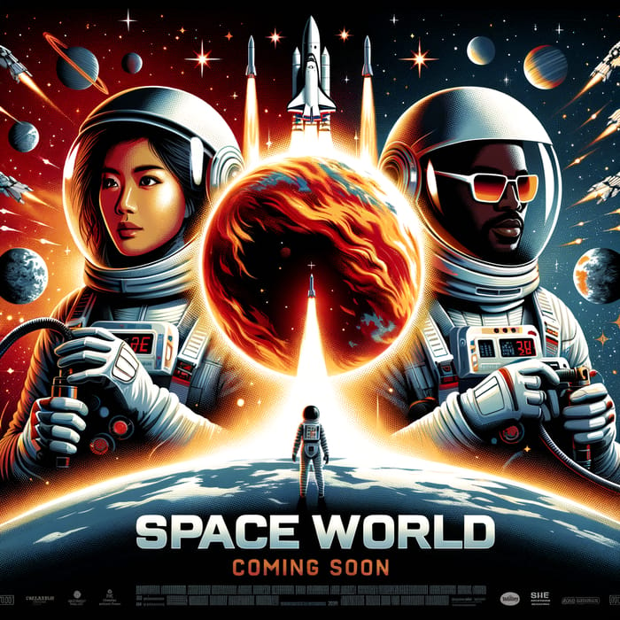 Space World Movie Poster - Blazing Planet & Astronauts Design