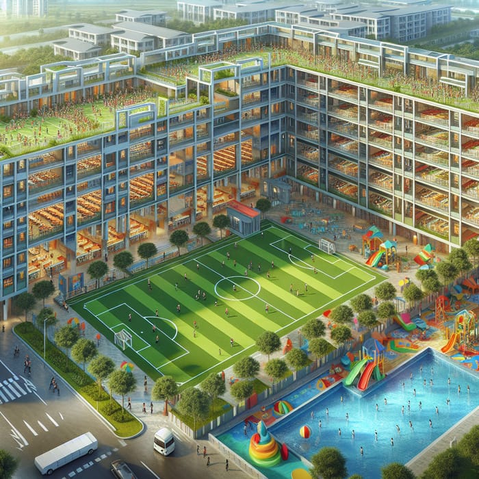 School Campus with Football Field, Swimming Pool, Playground & 4-Floor Cafeteria