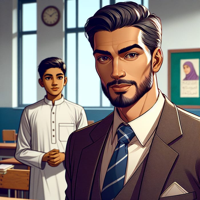 Dynamic School Classroom Scene with Handsome Teacher and Patient Student