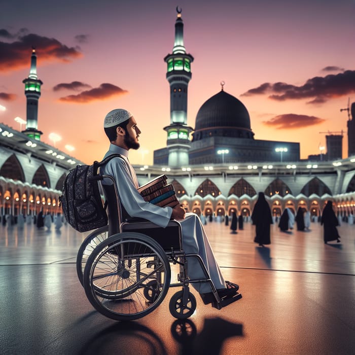 Middle-Eastern Student in Wheelchair at the Great Mosque of Mecca - Serene Devotion