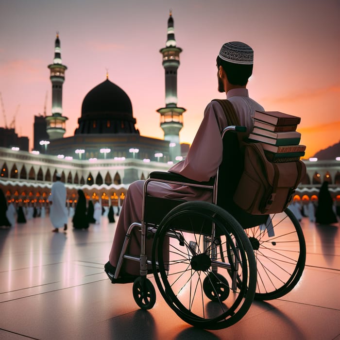 Serenity and Devotion: Middle Eastern Student in Wheelchair at Great Mosque of Mecca