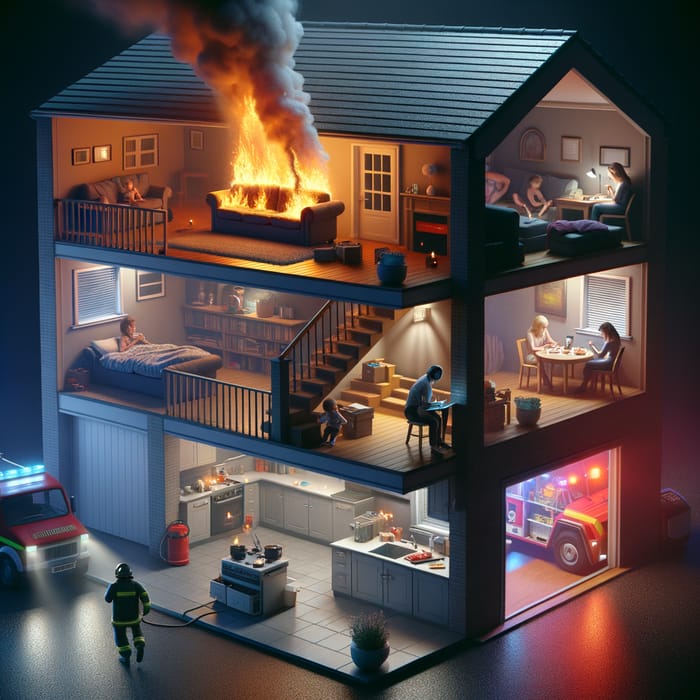 Dramatic 3D House Scene with Fire: Family in Peril