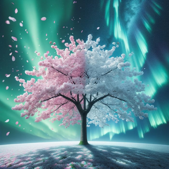Cherry Blossom Tree with Aurora Borealis Scenery