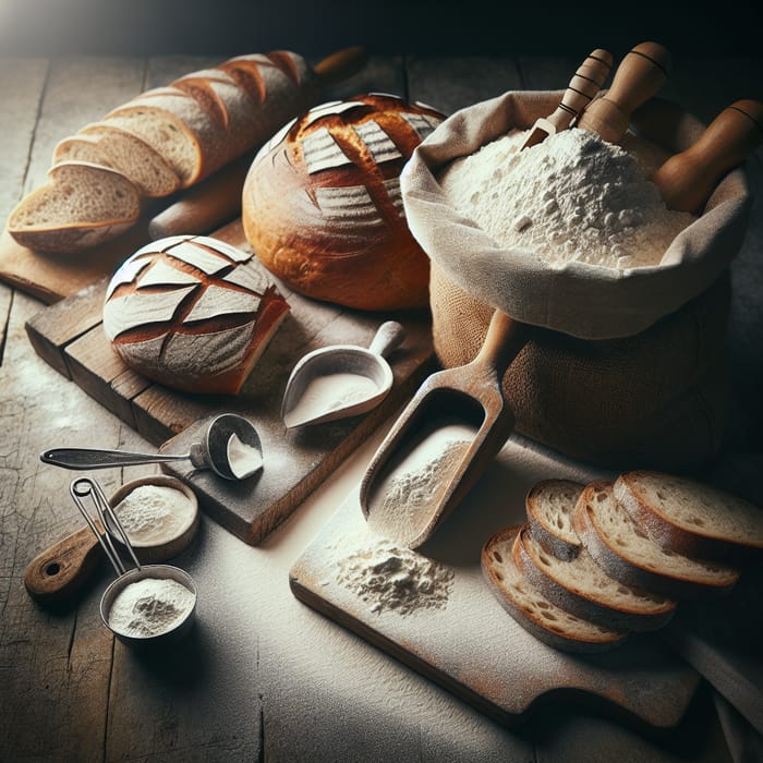 Enchanting Flour and Bread Scene: Baking Delights on Wooden Table