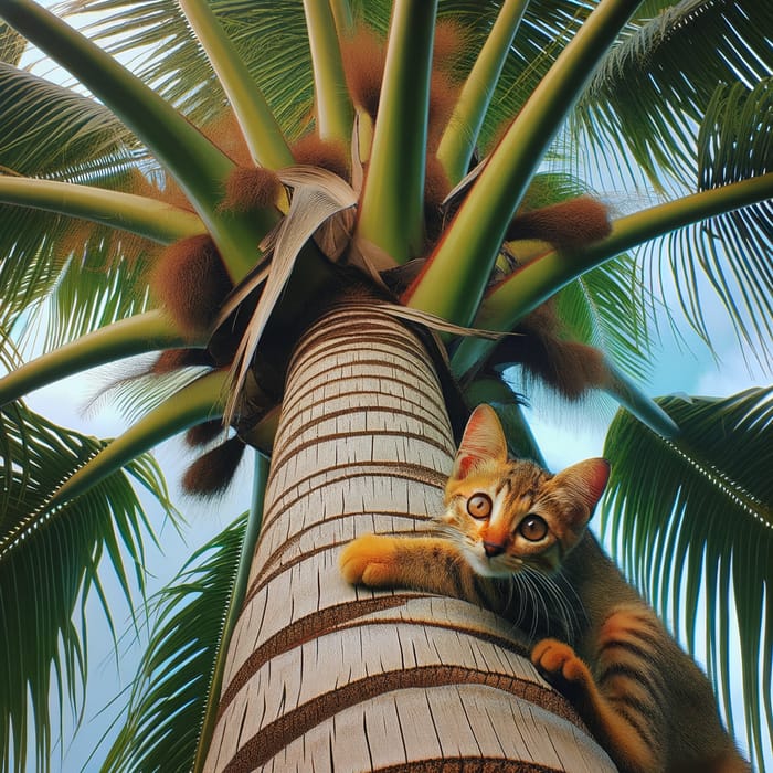Adorable Cat Climbing Areca Palm Tree