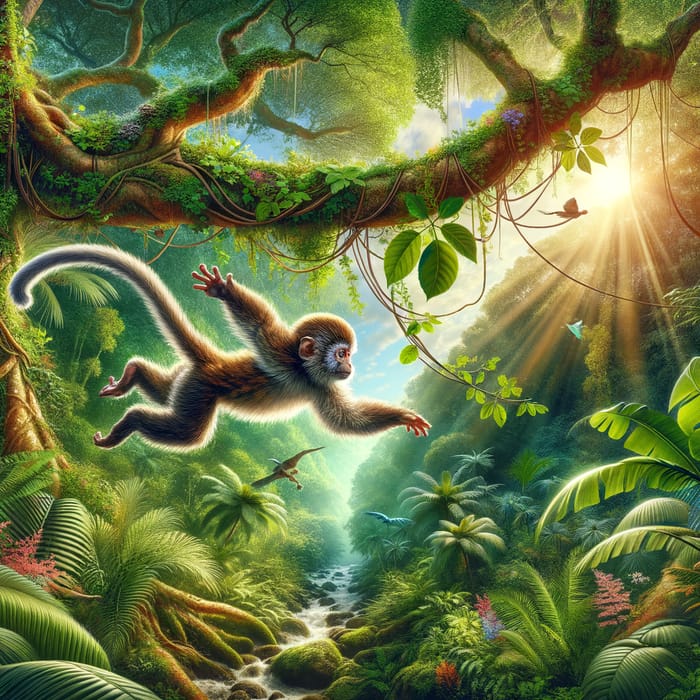Green Forest Scene with Swinging Monkey - Lush Tropical Rainforest