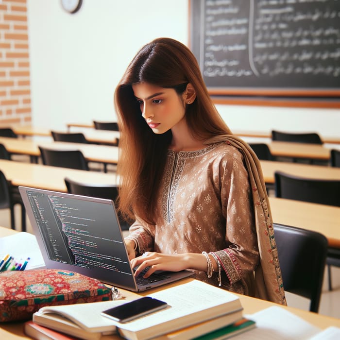 Girl in Pakistani University Working on Laptop
