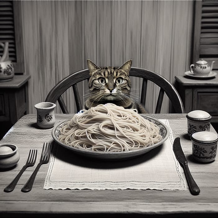 Unimpressed Cat Surprised by Spaghetti | Bemused Feline Image