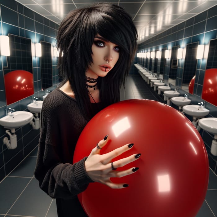 Unique Emo Babe with Red Balloon in Stylish Washroom