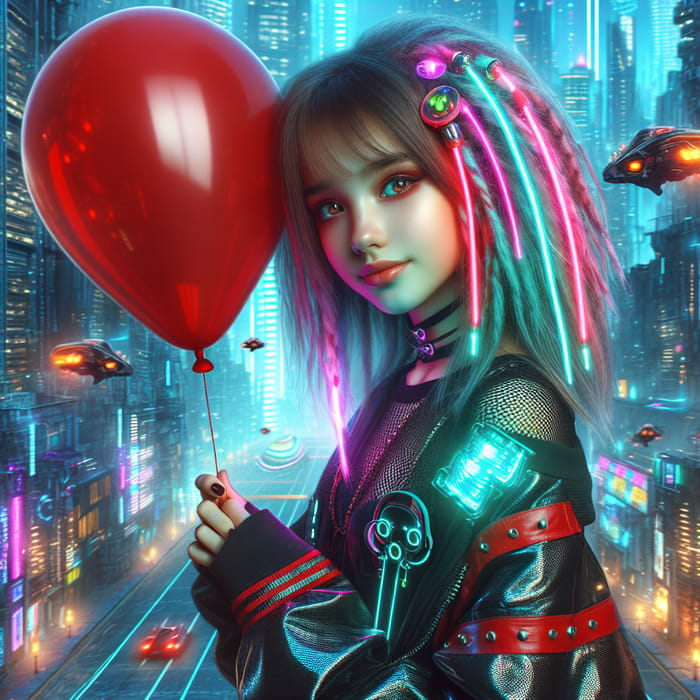 Adorable Cyberpunk Babe Holding Long Red Balloon in 8K Quality