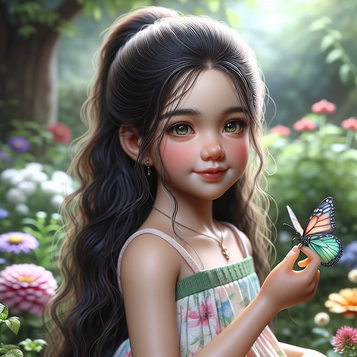 Charming Girl Surrounded by Flowers and Butterflies