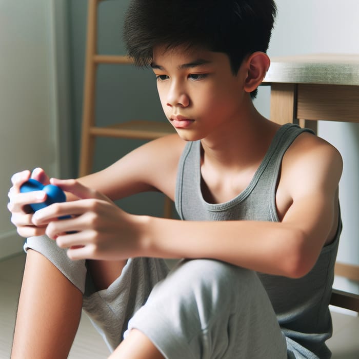 Intently Focused Asian Boy in Comfortable Shorts