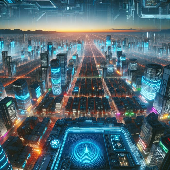 Advanced Water-Saving Technology in Vibrant Cyberpunk Cityscape