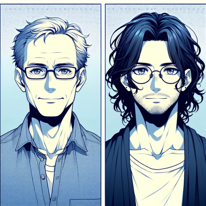 Anime-Style Image of Two Hipster Men in Blue, a Timeless Look