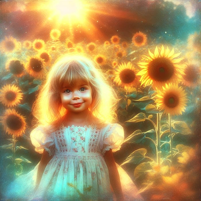 Whimsical Portrait of Young Girl in Vibrant Sunflower Field