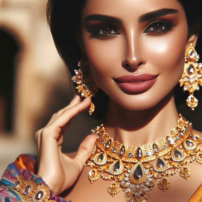 Gorgeous Woman Adorning Elegant Golden Necklace
