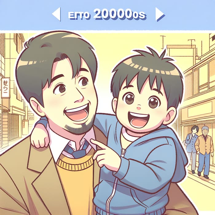 Early 2000s Joyful Japanese Father and Son in Urban Setting