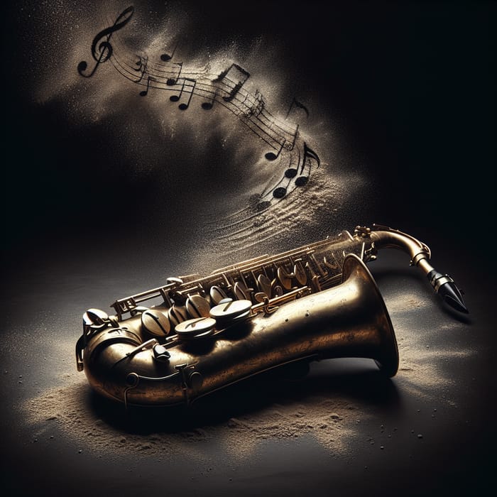 Vintage Saxophone and Dusty Musical Notes on Dark Background