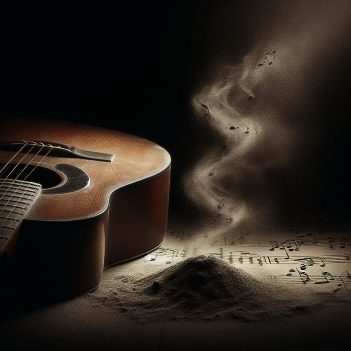Aged Guitar and Dusty Musical Notes on Black Background
