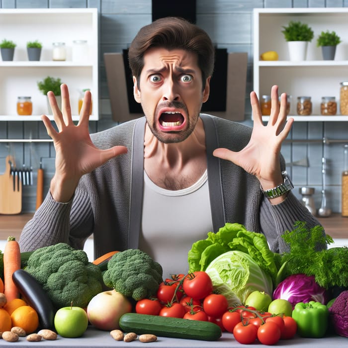 Fearful Vegan Man Terrified of Cholesterol Food in Modern Kitchen