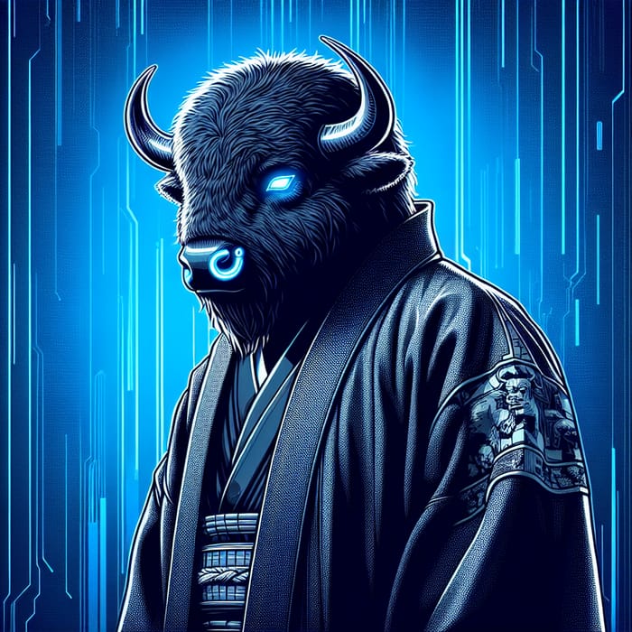 Tron-Inspired Bison Ninja in Cyberpunk Blue Neon Kimono