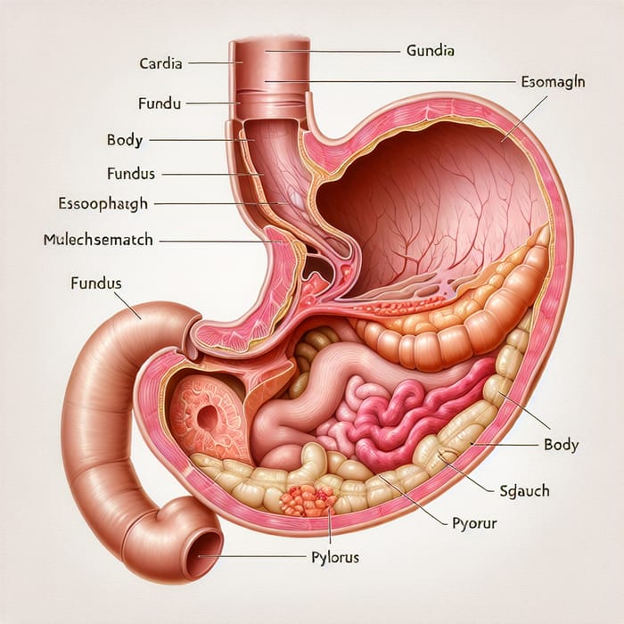 Anatomical Illustration of Female Stomach | Mucous Membrane & Muscle Layers