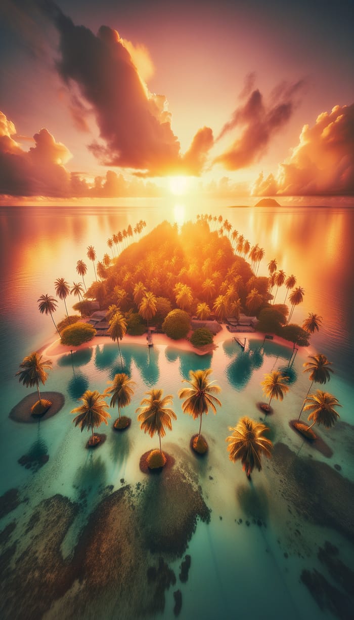 Tropical Island Sunset: Aerial View with Tranquil Watercolor Beauty