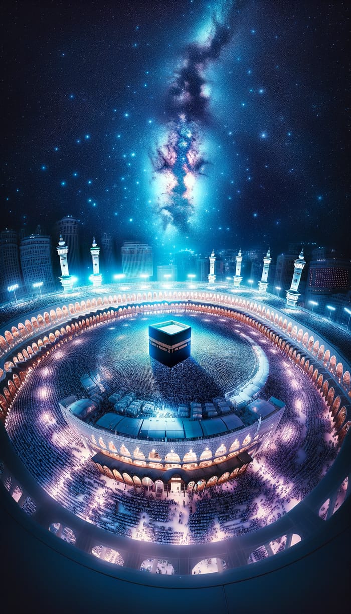 Breathtaking Night Scene in the Holy City of Mecca: Illuminated Kaaba in Ethereal Blues and Purples
