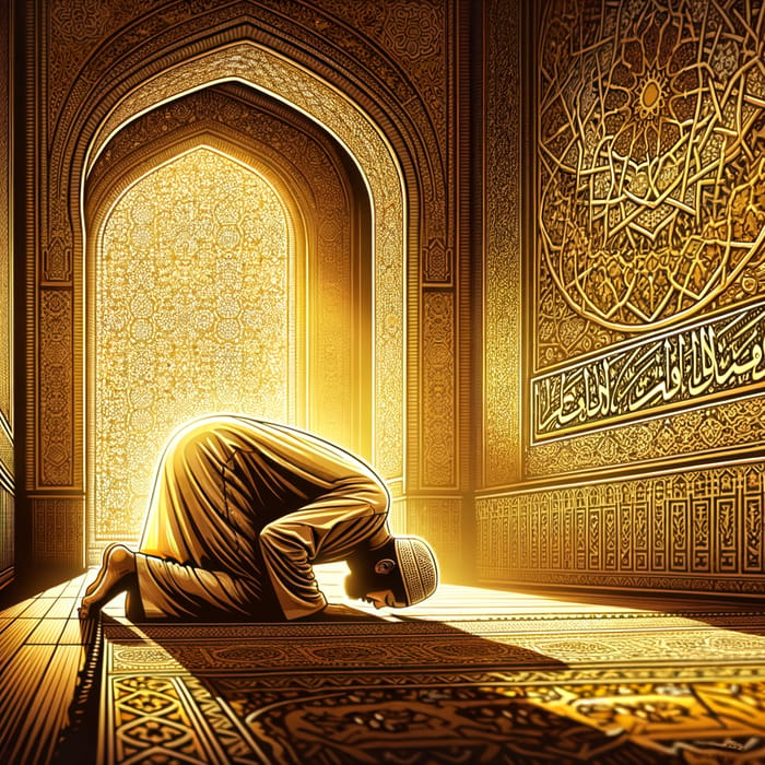 Elegant Islamic Art: Person in Prayer Bathed in Golden Light