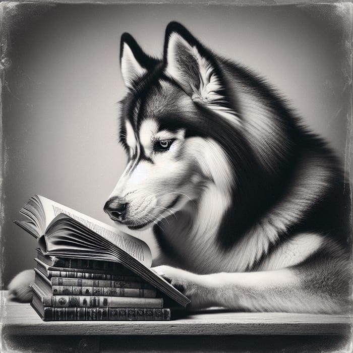 Majestic Husky Engrossed in Book: Vintage Monochrome Elegance