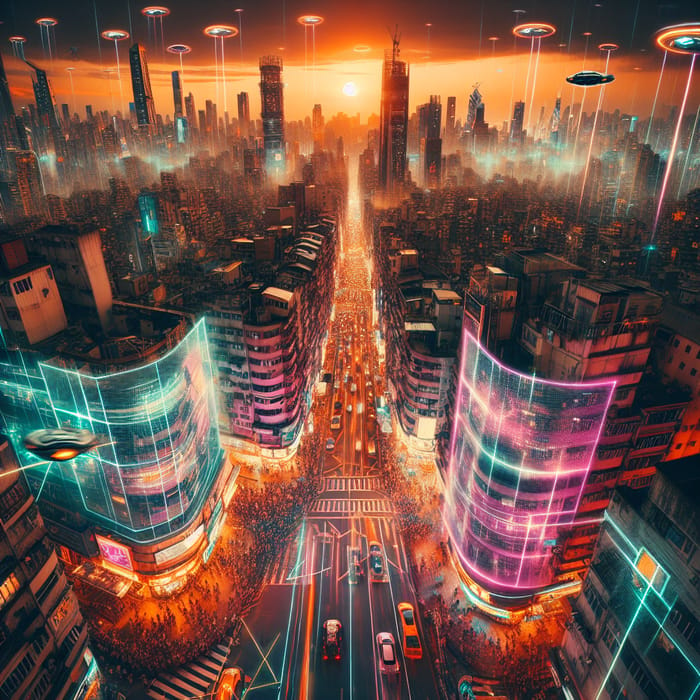 Futuristic Cityscape at Sunset | Hovercars & Neon Lights