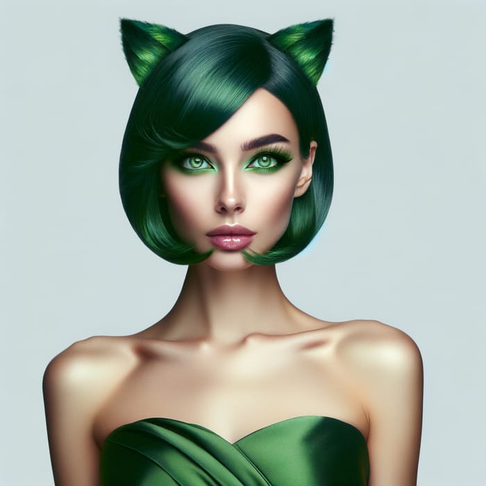 Strikingly Beautiful Woman with Emerald Cat Ear Hair & Green Dress