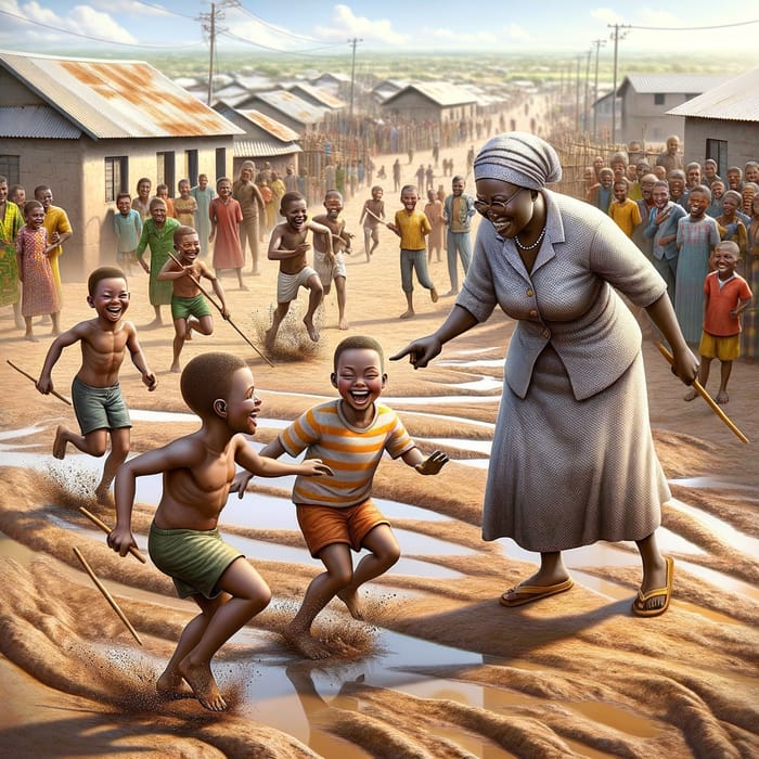 3D Realistic Image of African Boys Playing in Mud with Mother Approaching