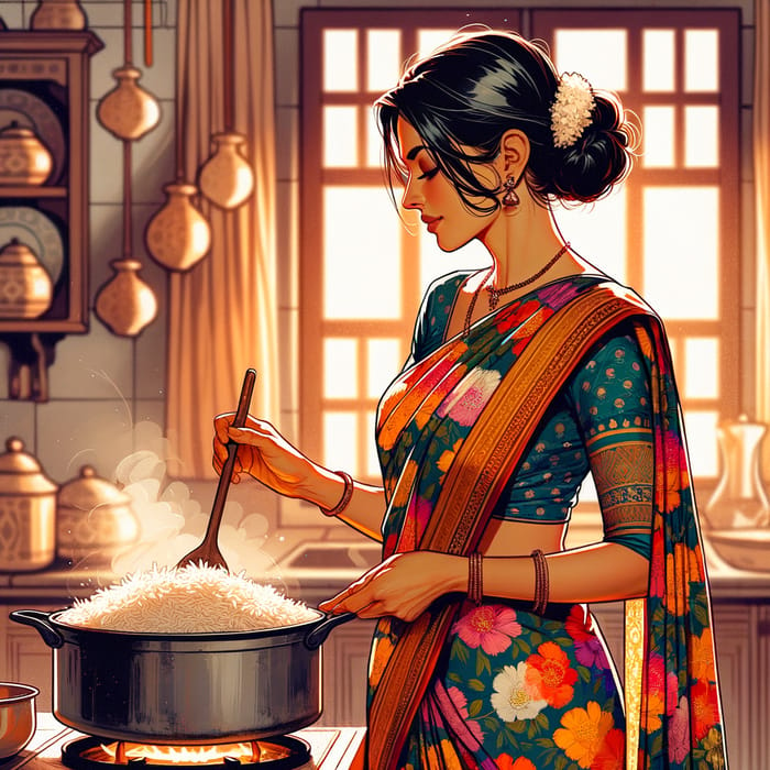 South Asian Woman Cooking Rice in Tradition