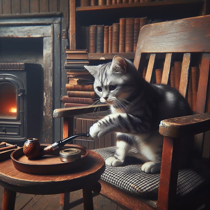 Curious Grey Striped Cat Playing with Smoking Pipe in Cozy Setting