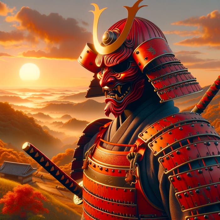 Samurai in Striking Red Armor | Demon Mask & Rising Sun