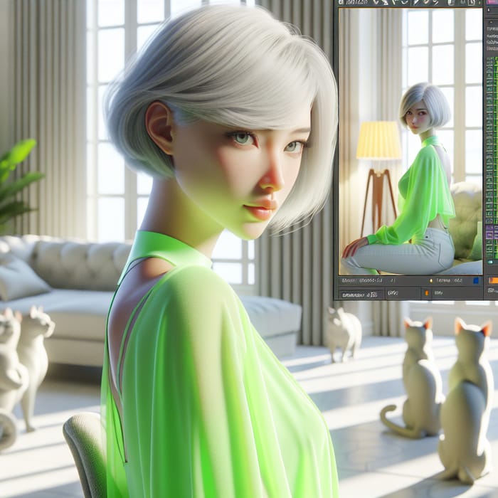 Elegant 3D Animation Character: Tall Caucasian Female in Green Attire