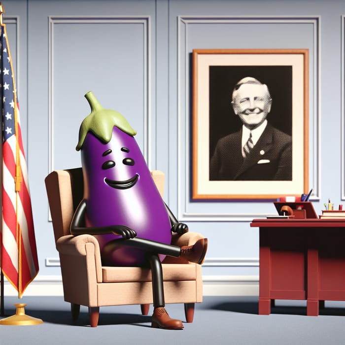 Eggplant in Office | Smiling Character with Flag and Trump Portrait