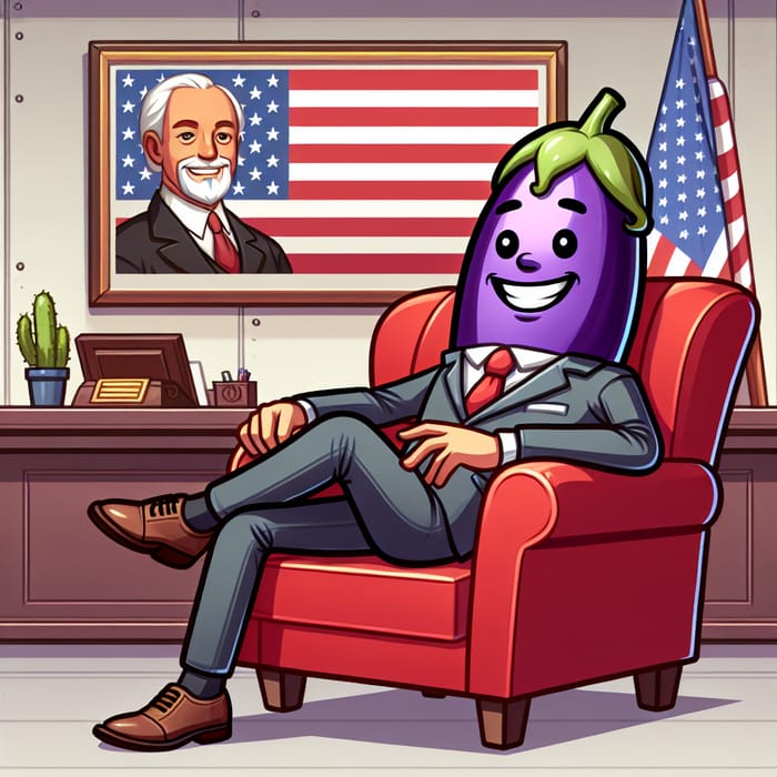 Eggplant in Red Armchair with US Flag in Office