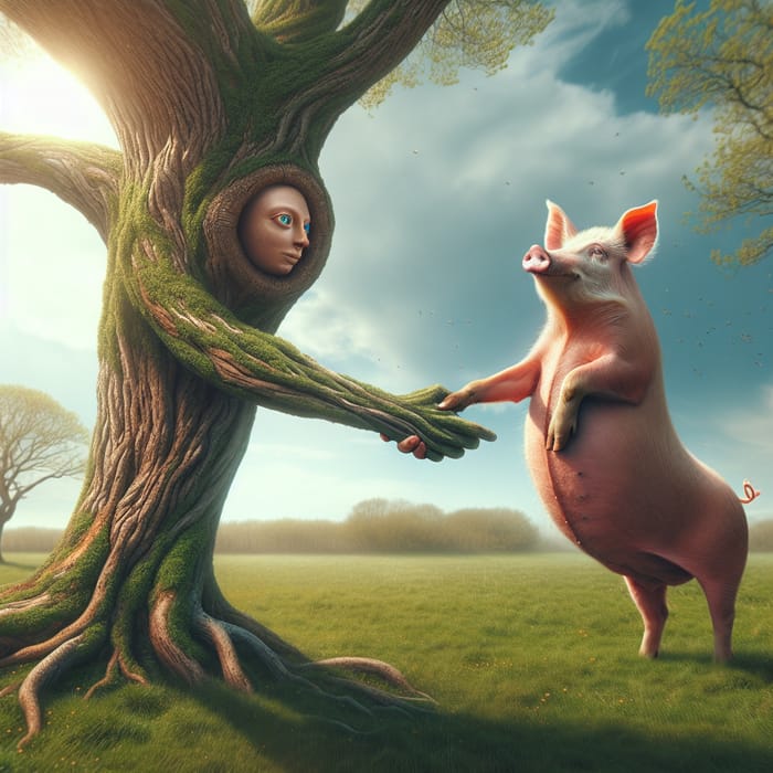 Pig Handshaking Tree Scene | Enchanting Fantasy Vibe