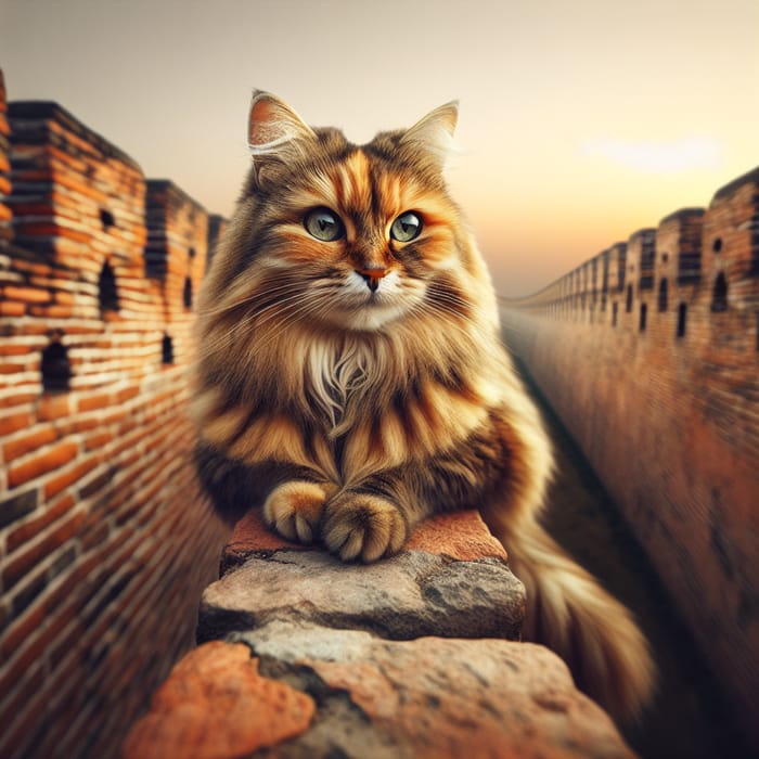 Majestic Cat Balancing on Elegant Brick Wall