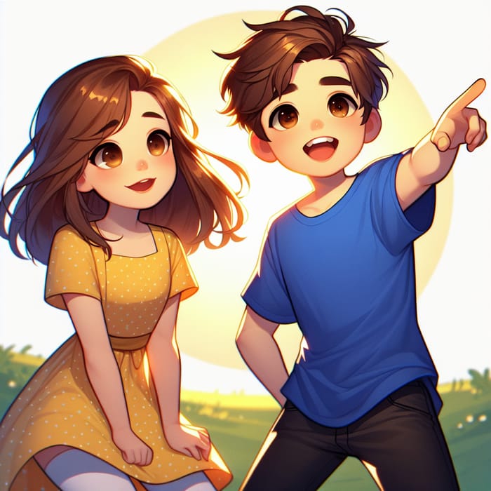Brown-Haired Boy and Girl with Brown Eyes in Joyful Moment