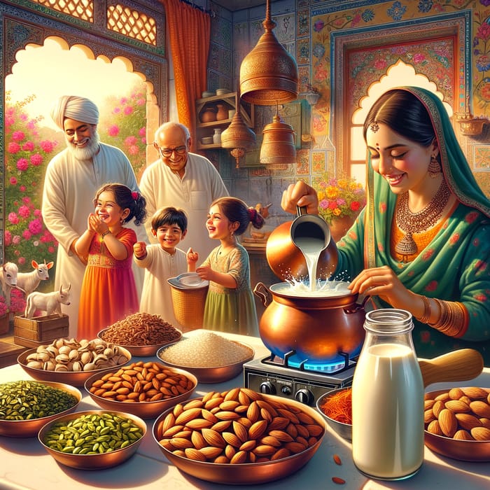 Traditional Indian Kitchen: Colors, Kids Playing, Saffron Milk Recipe