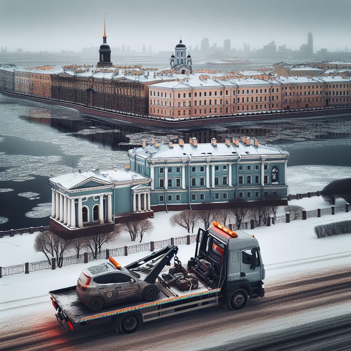 Winter Scene: Tow Truck Loads Special Equipment in St. Petersburg