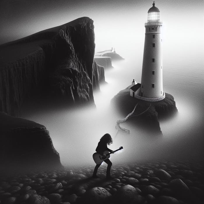 Monochromatic Lighthouse Scene: Ethereal Journey to the Beacon
